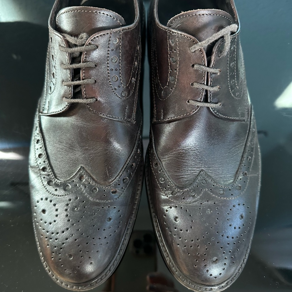 Made in Italy Dark Brown Leather Wingtip Oxfords with Broguing and Lace-up
